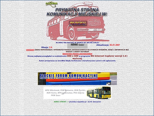 Ekran powitalny pierwszej wersji strony Płockibus