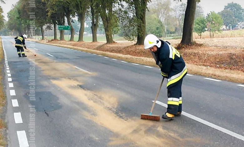 Strażacy neutralizujący plamę oleju. Fot. OSP Sikórz, źródło: PetroNews