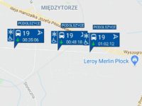 Trzy autobusy linii nr 19 jadące w tym samym kierunku (źródło: aplikacja myBus)